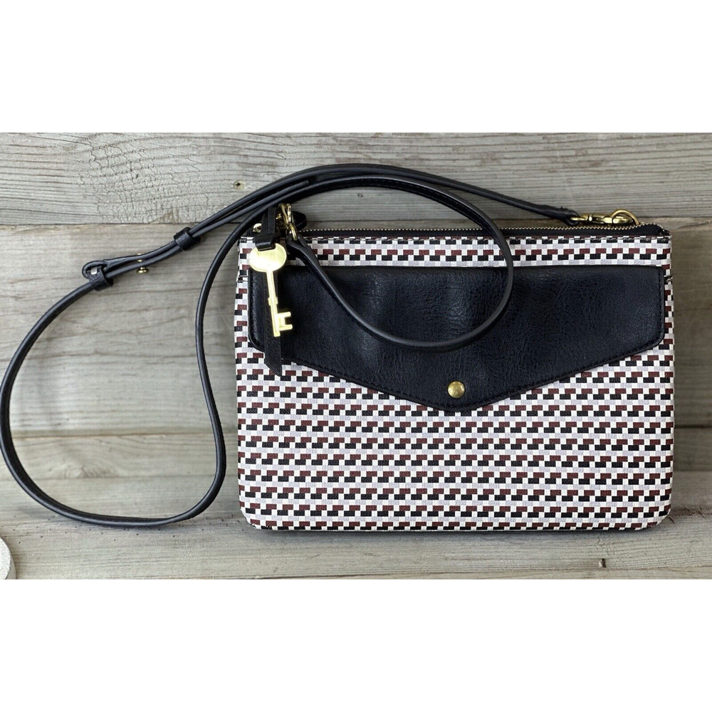 Fossil Devon Crossbody Purse Handbag Woven Print Tri-Color Houndstooth